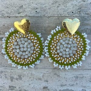 Handmade Colombian green and white  Beaded Statement Earrings - Light Weight!